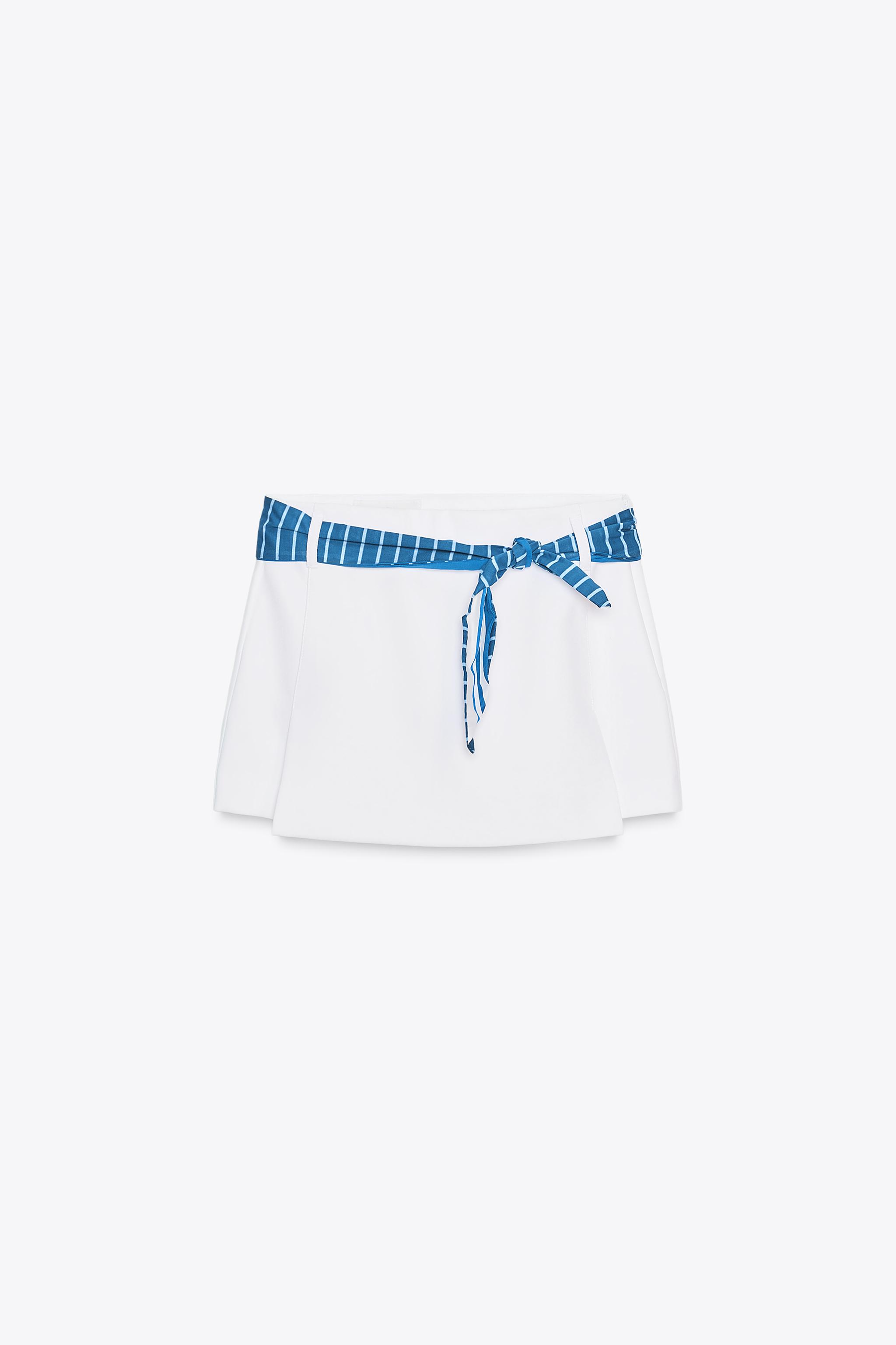 ZARA スカーフ付きストライプ柄キュロットスカート 4661/511 スカーフ付きストライプ柄キュロットスカート - ホワイト | ZARA