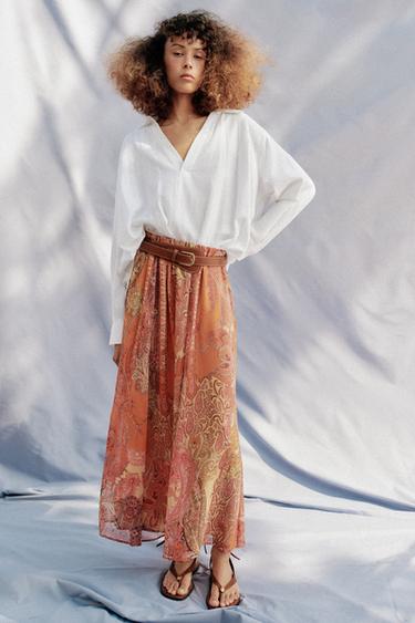 FALDA MIDI ESTAMPADA CINTURÓN - Multicolor de Zara