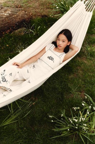 Zara 棉麻刺繡挖剪連身褲 - 裸色 / 黑色