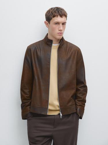Zara Napped suede leather jacket - Dark brown
