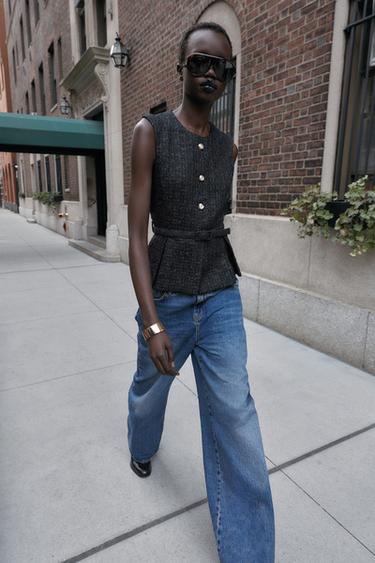 STRUCTURED WAISTCOAT WITH METALLIC THREAD BELT - Blue green by Zara