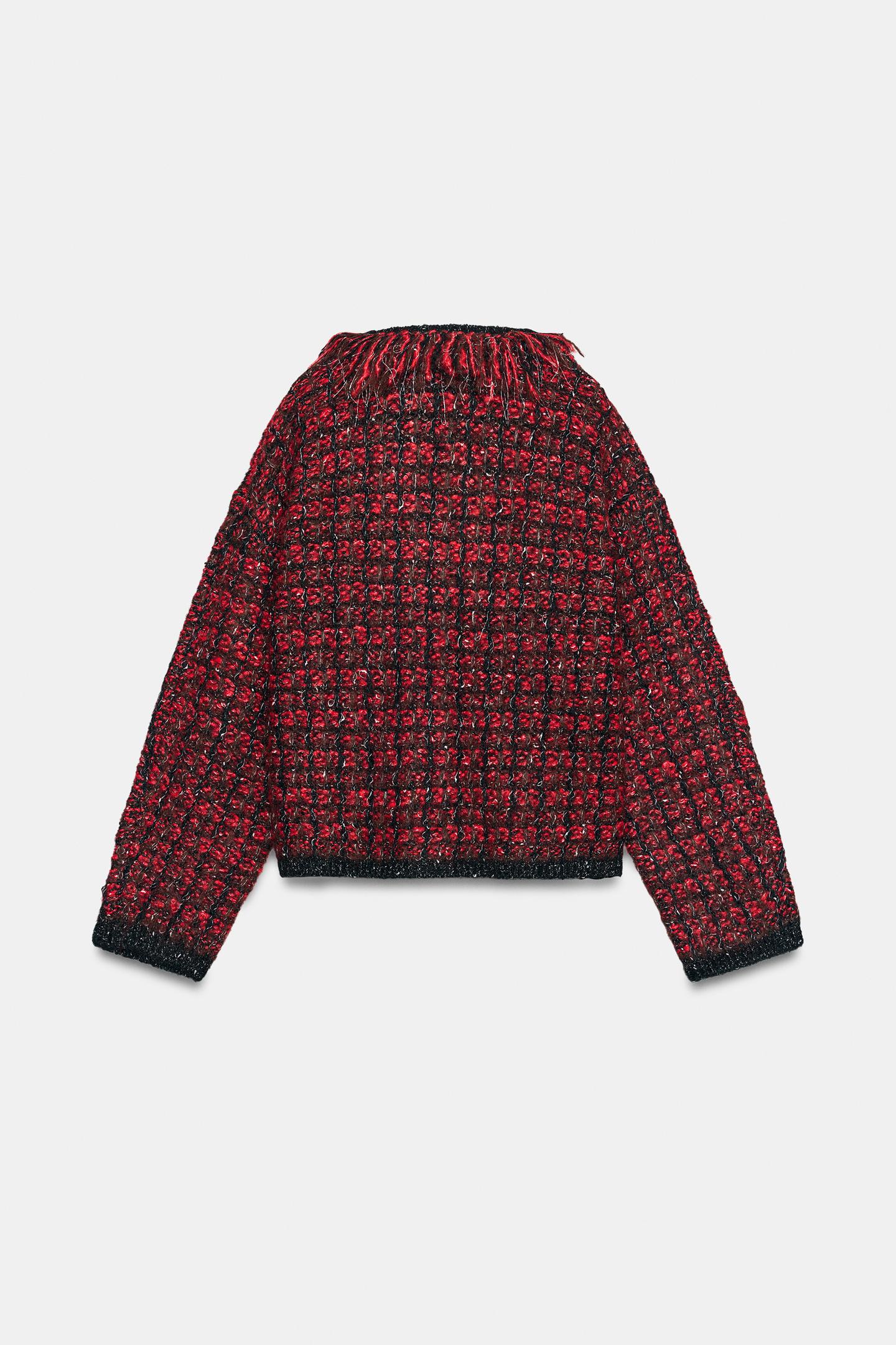 Женский кардиган Zara Structured Fringed, цвет: Красный / Чёрный — фото 7