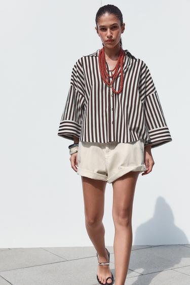 Zara WIDE SLEEVE LINEN SHIRT - Brown / White - Image 0