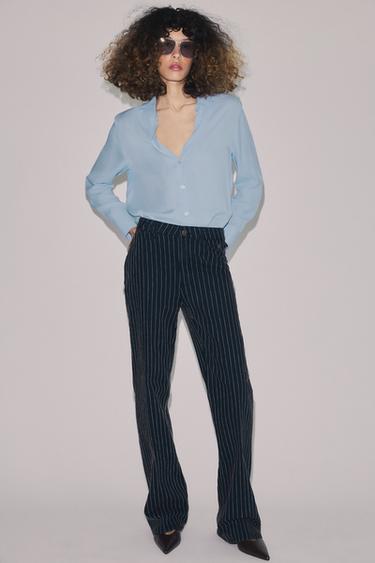 Zara ZW COLLECTION HIGH-RISE STRIPED FLARE JEANS - Blue
