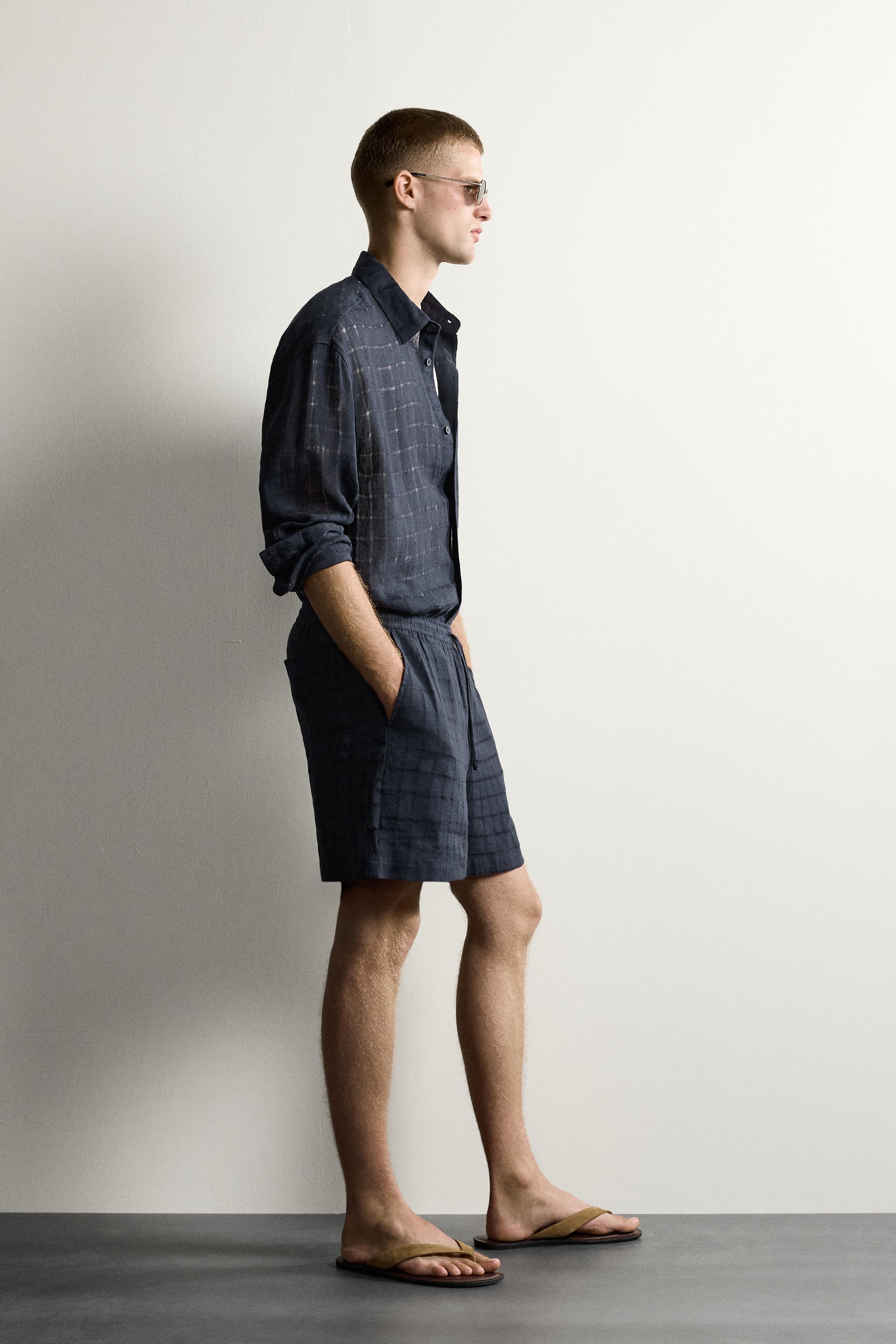 LINEN COTTON BLEND CHECKED JACQUARD SHORTS — Navy blue (alternate view)