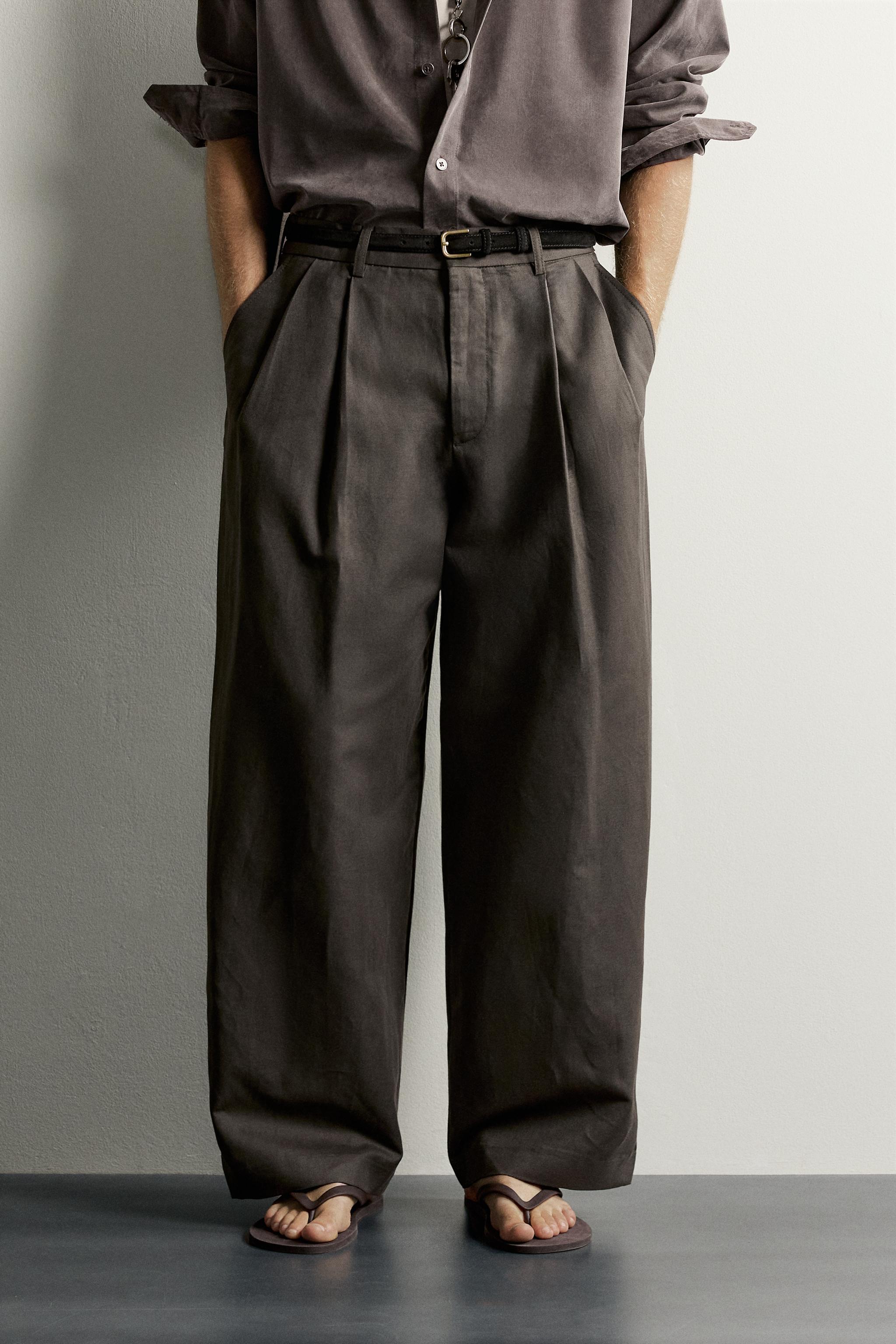Мужские брюки Zara COTTON-LINEN PLEATED CHINO PANTS — фото 2