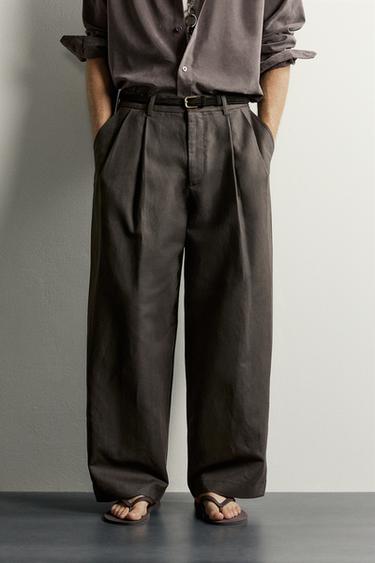 COTTON/LINEN PLEATED CHINO TROUSERS - Khaki by Zara