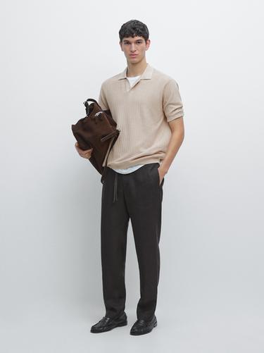 Zara Short sleeve cotton and linen blend knit polo shirt - Sand - Image 0