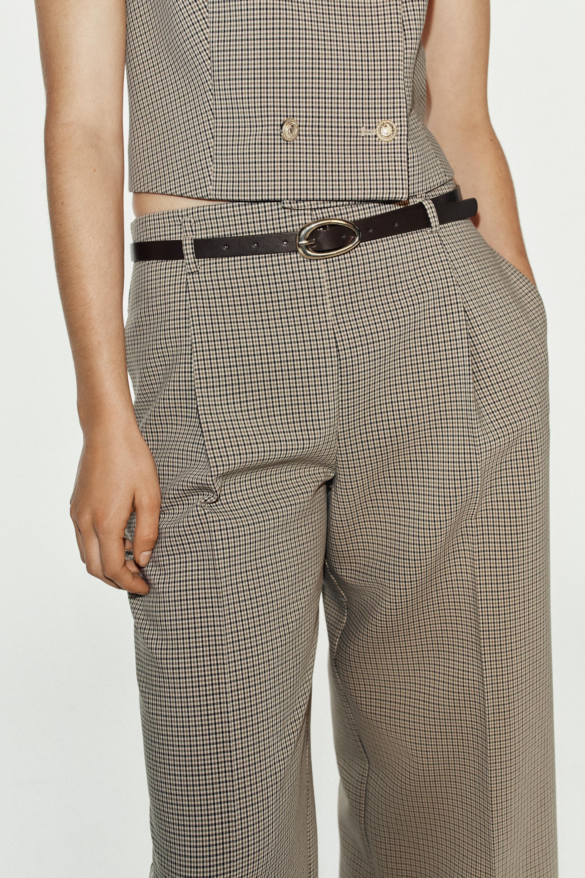 PLAID BELTED PANTS — Brown
