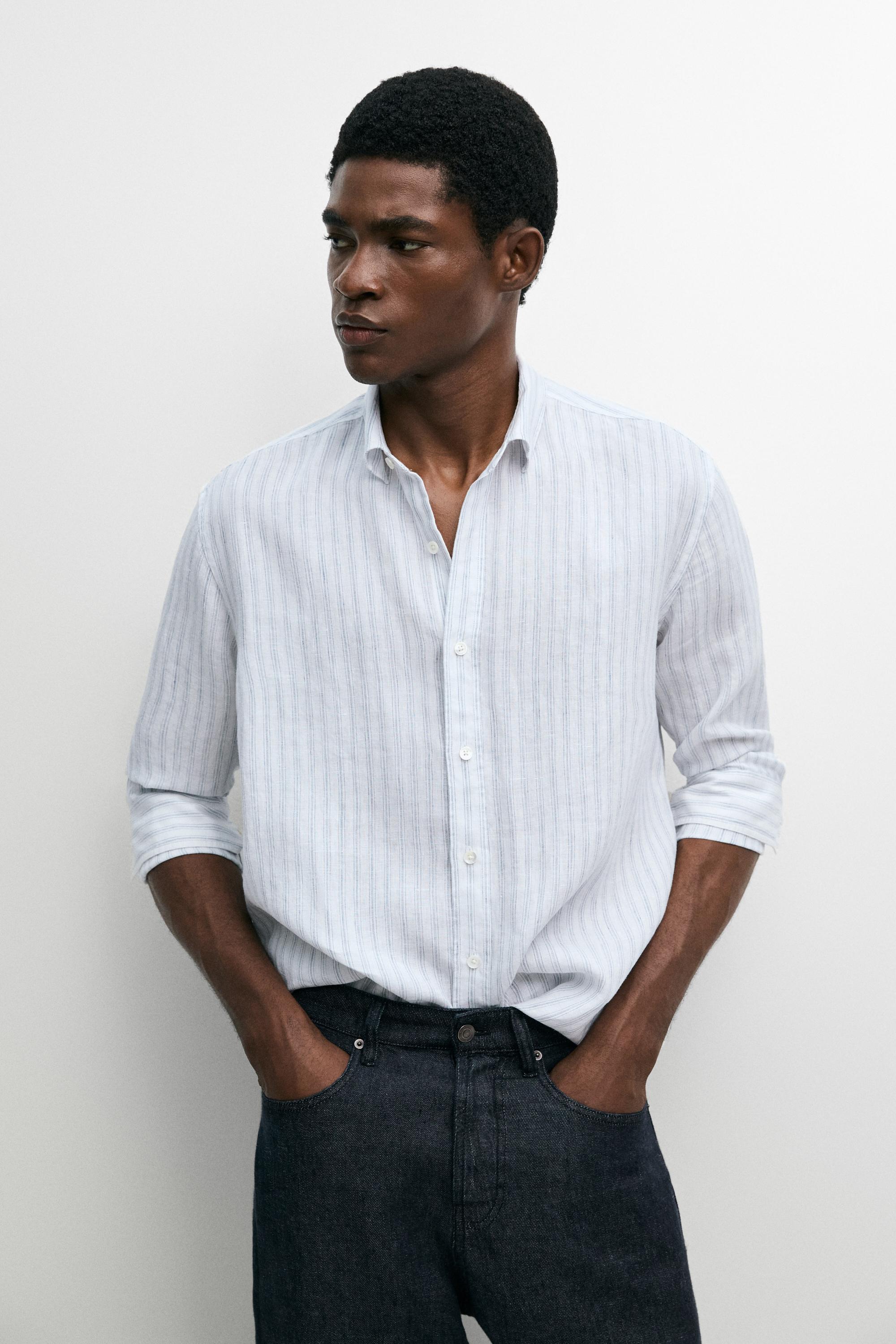 Extra-fine 100% linen striped shirt — Green stripe