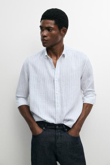 Zara Extra-fine 100% linen striped shirt - Green stripe