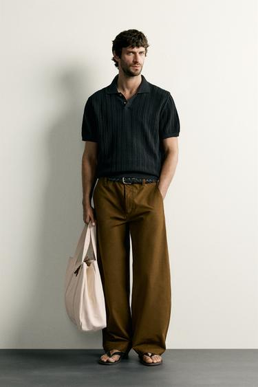 Zara OPEN-KNIT TEXTURED POLO - Black
