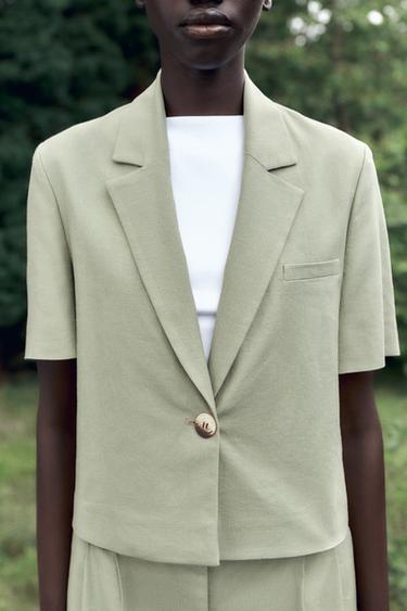 BLAZER MANCHES COURTES AVEC LIN - Kaki clair de Zara - Image 2