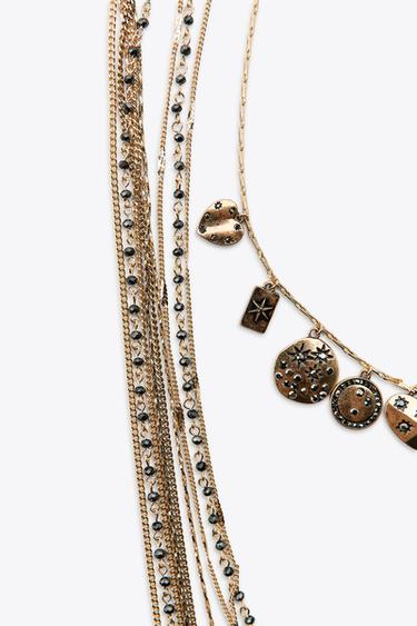 PACK OF 3 CHAIN BEAD CHARM NECKLACES - Aged gold by Zara - Image 4