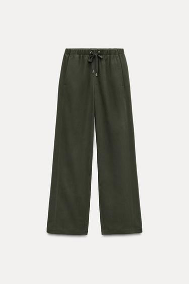 WIDE-LEG TEXTURED TROUSERS - Dark khaki by Zara