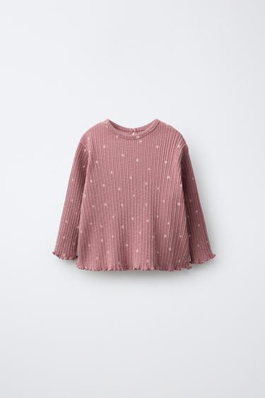 Zara HEART PRINT TEXTURED T-SHIRT - Dark pink