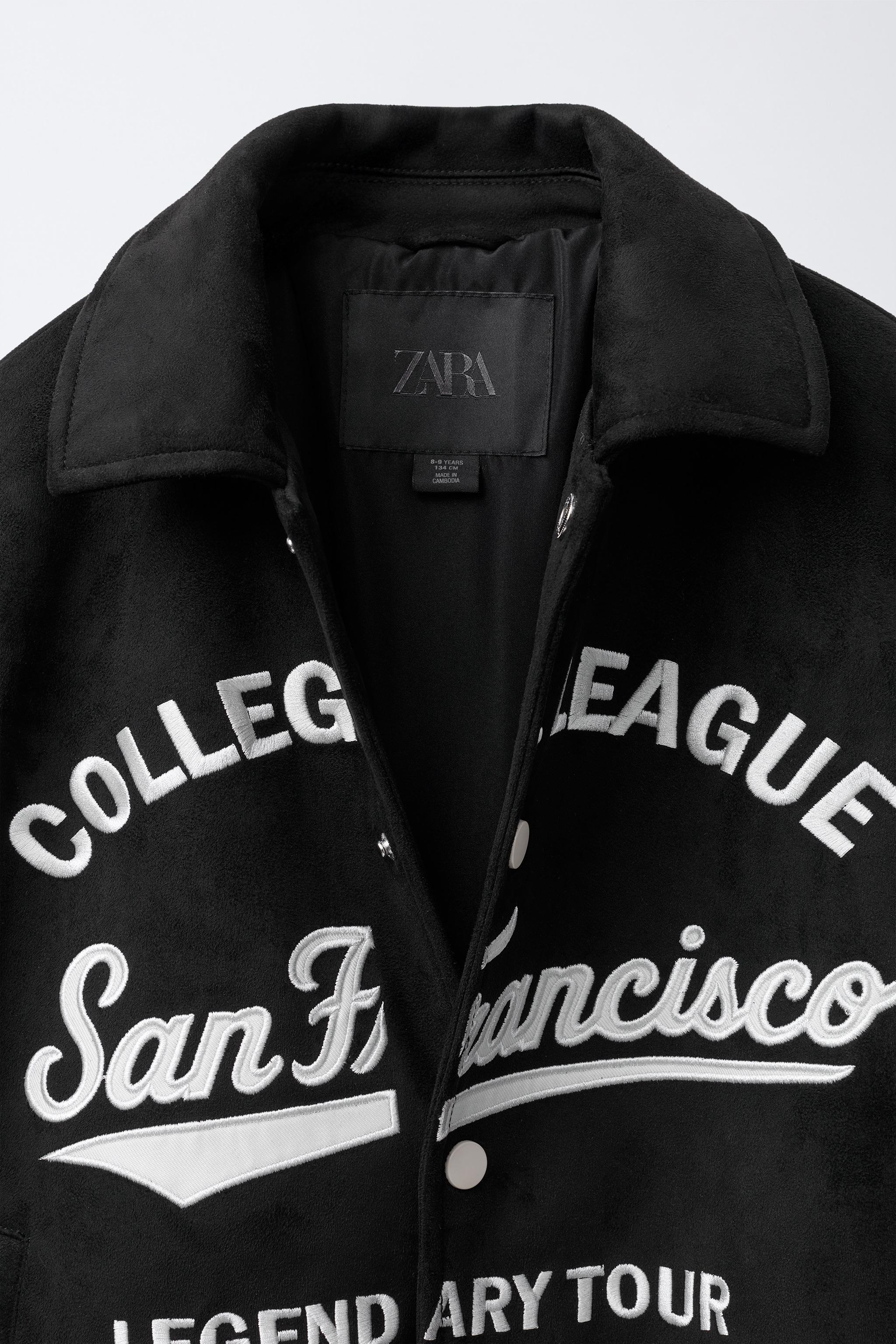 EMBROIDERED TEXT FAUX SUEDE BOMBER JACKET