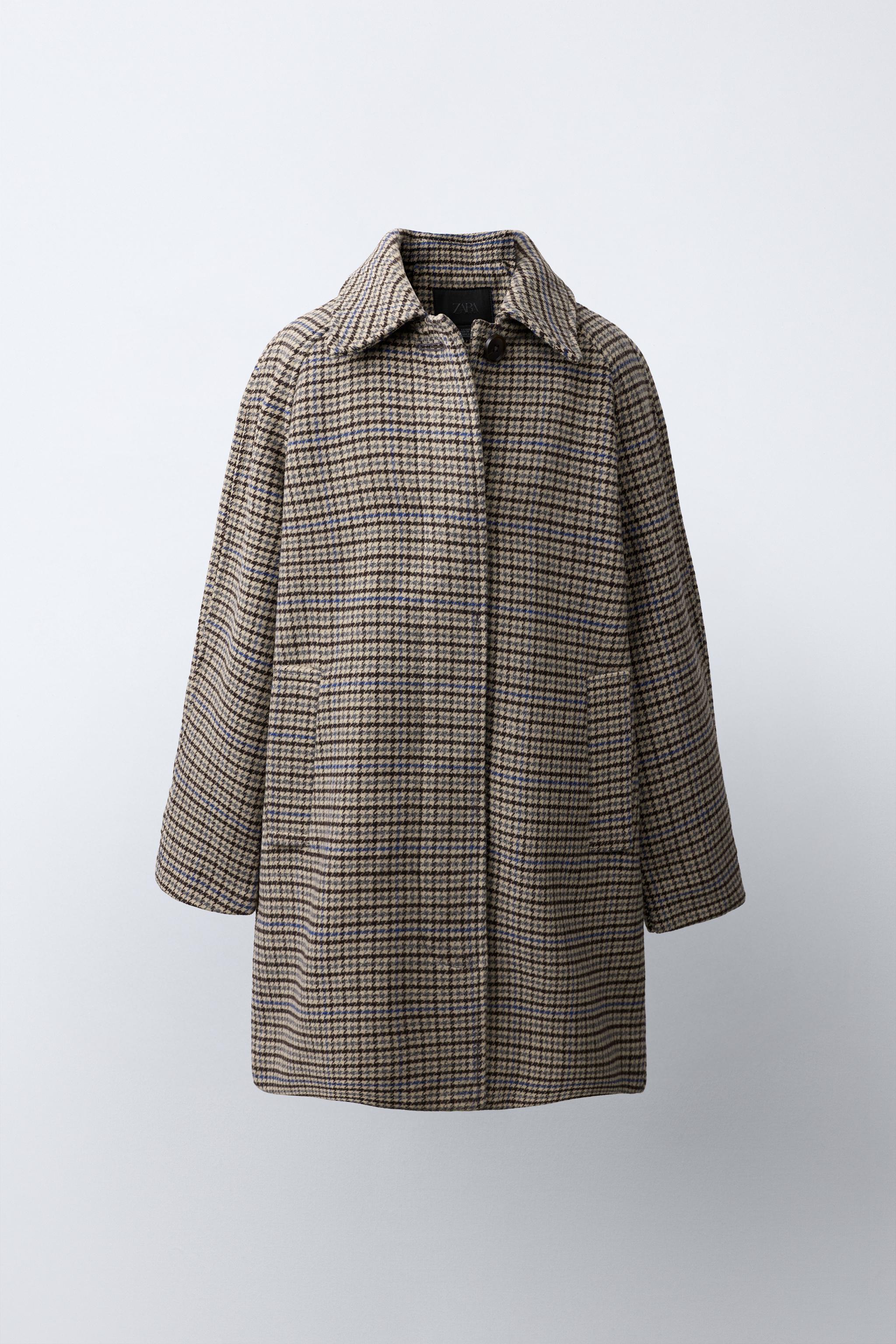ウール混紡チェック柄ロング丈コート - エクリュ/ブルー | ZARA Japan