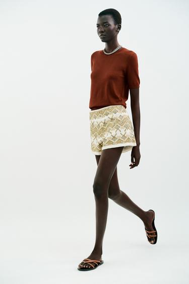 EMBROIDERED MIRROR BERMUDA SHORTS - ecru/khaki by Zara - Image 4