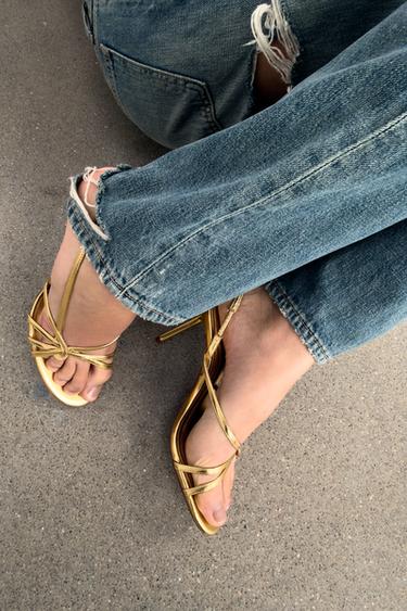 LAMINATED STRAP HIGH-HEEL SANDALS - Gold by Zara
