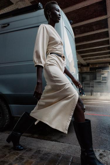 Zara BELTED BALLOON SLEEVE MIDI DRESS - Ecru