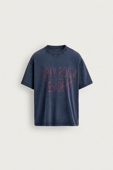 Zara WASHED EFFECT TEXT T-SHIRT - Blue