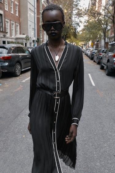 PLEATED MIDI DRESS WITH CONTRAST PIPING BELT - Black by Zara - Image 2