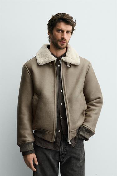 Zara DOUBLE-FACED FAUX LEATHER JACKET - Khaki