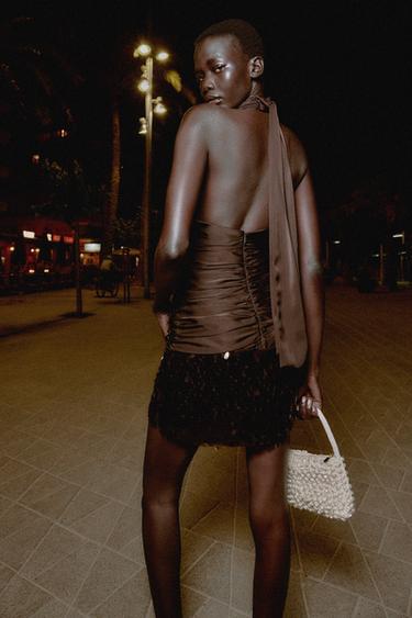SHORT DRESS WITH CONTRAST SEQUINS - Brown by Zara