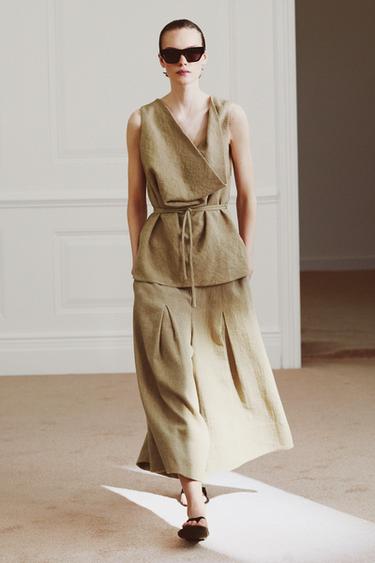 LINEN BLEND BELTED TOP ZW COLLECTION - Khaki by Zara - Image 0