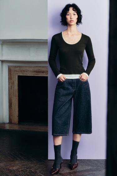 Zara ZW COLLECTION 牛仔長版百慕達短褲 - 藍色