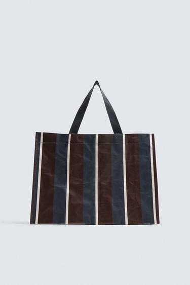 STRIPED SHOPPER BAG WITH COSMETIC BAG - Black / Brown by Zara