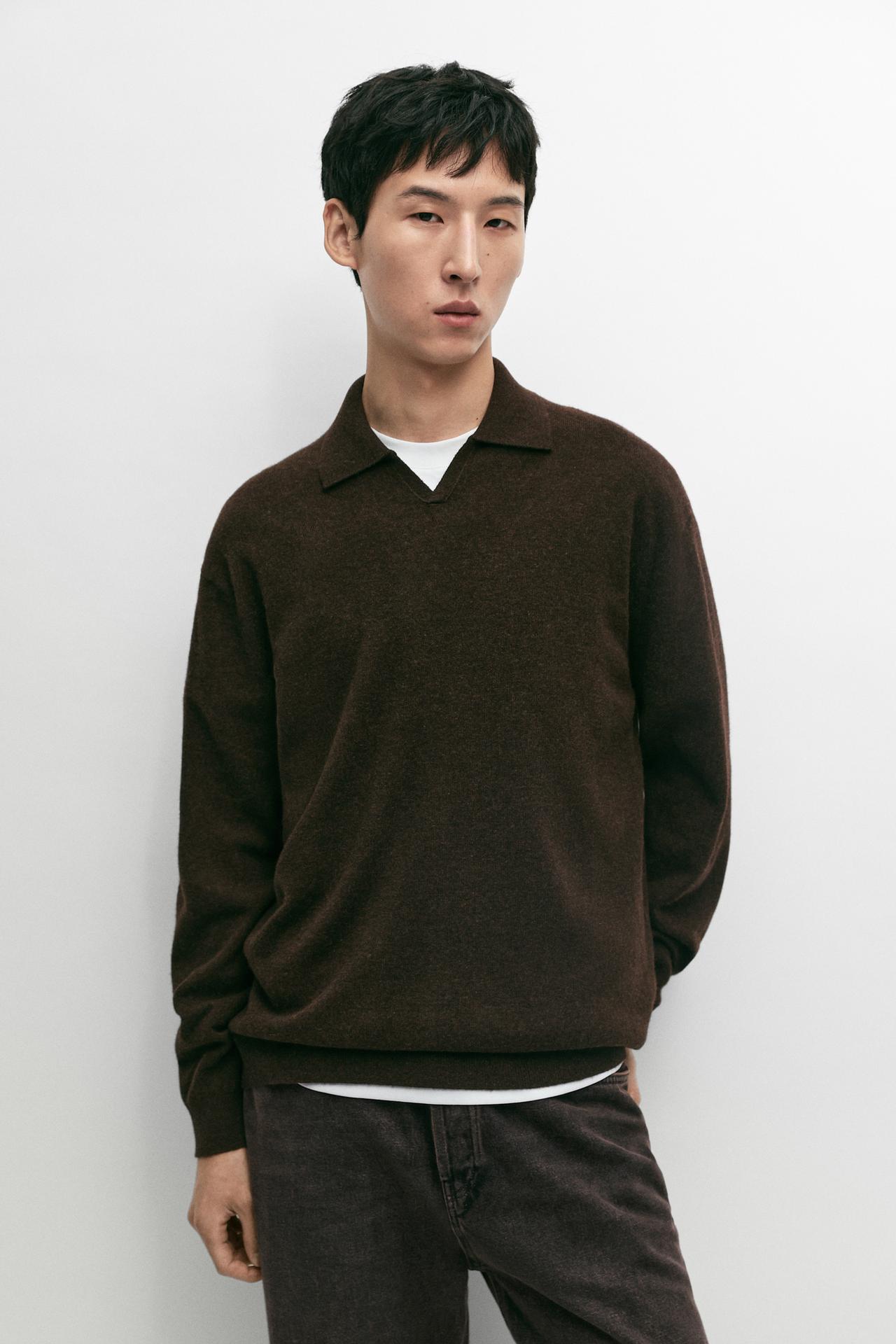100% wool knit polo sweater — Brown marl