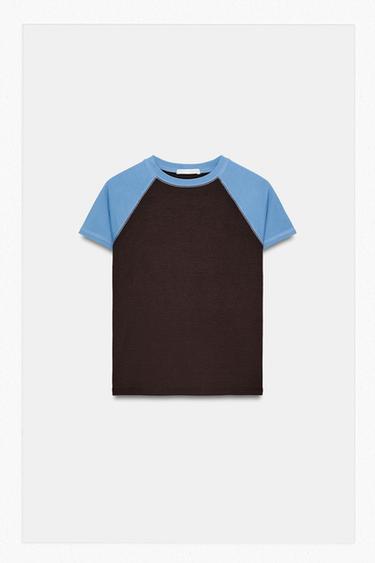 Zara SHORT SLEEVE RAGLAN T-SHIRT - Brown-Blue