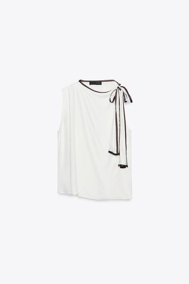 SATIN TOP WITH BOW AND CONTRASTING TRIMS - Ecru / Brown by Zara