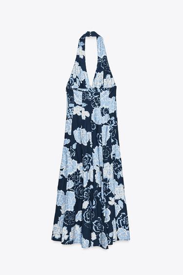FLORAL PRINT HALTER MIDI DRESS - Navy / White by Zara - Image 5
