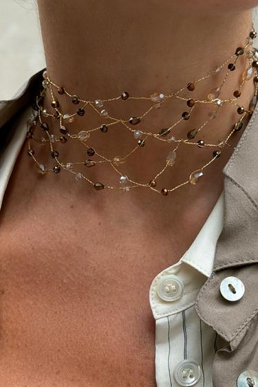 METALLIC THREAD STONE CHOKER NECKLACE - Golden by Zara - Image 0