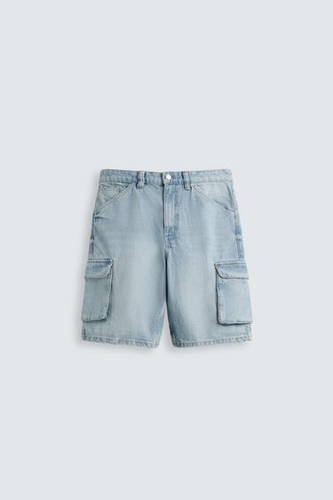Zara CARGO DENIM SHORTS - Light blue