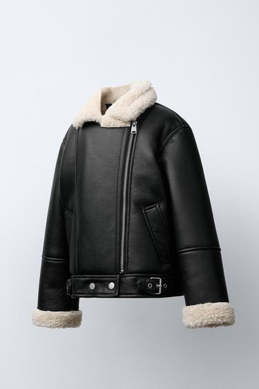 Zara DOUBLE-FACED BIKER JACKET - Black / Ecru
