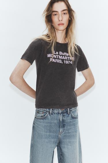 CAMISETA EFECTO LAVADO TEXTO DELANTERO - Gris antracita de Zara