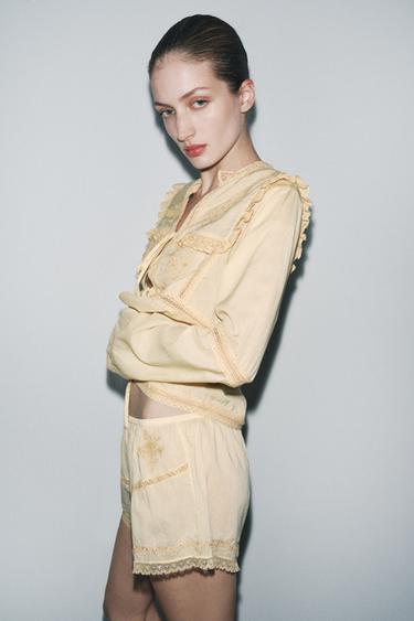 FLORAL EMBROIDERED LACE SHORTS - LIMITED EDITION - Yellow by Zara