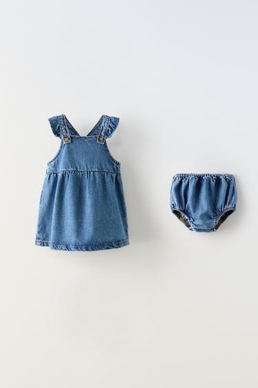 RUFFLED DENIM PINAFORE DRESS - Mid-blue by Zara