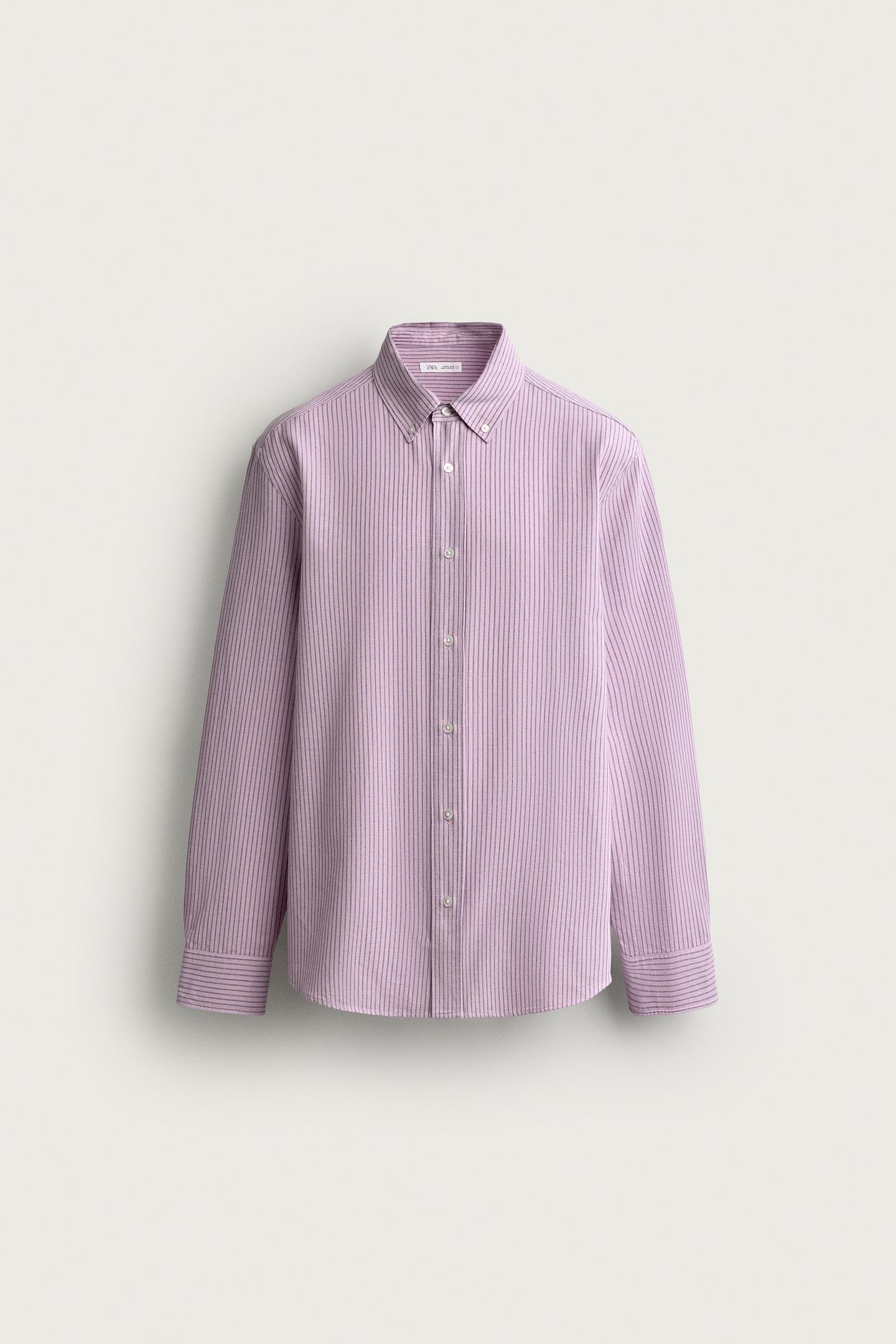 Мужская рубашка Zara Striped Regular Fit, цвет: Пастельный розовый — фото 8