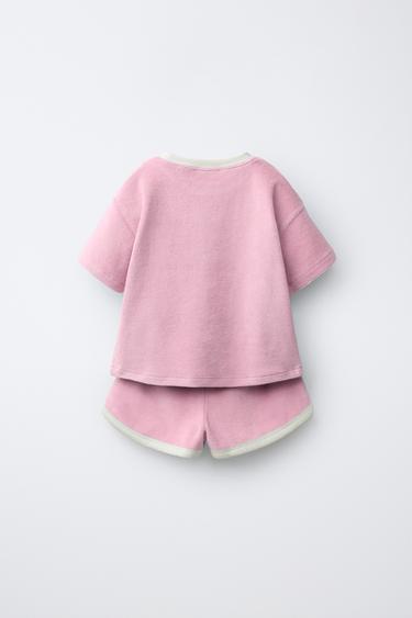 ENSEMBLE T-SHIRT ET BERMUDA EFFET ÉPONGE - Rose / Blanc de Zara - Image 1