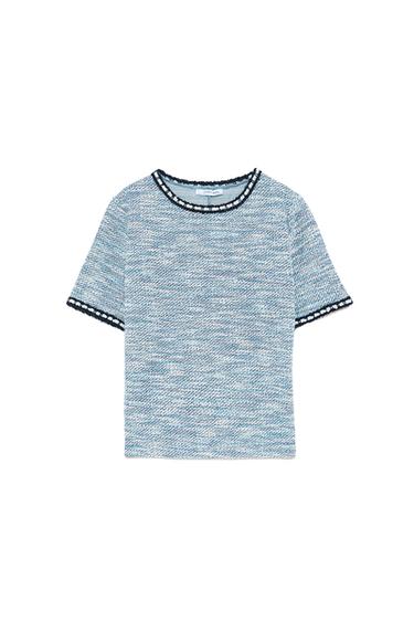 TEXTURED T-SHIRT WITH PEARL BEAD TRIMS