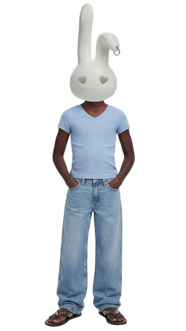Zara RIBBED V-NECK T-SHIRT - Sky blue - Image 0