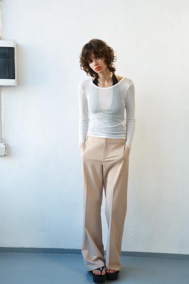 Zara 細條紋直筒褲 - 米色