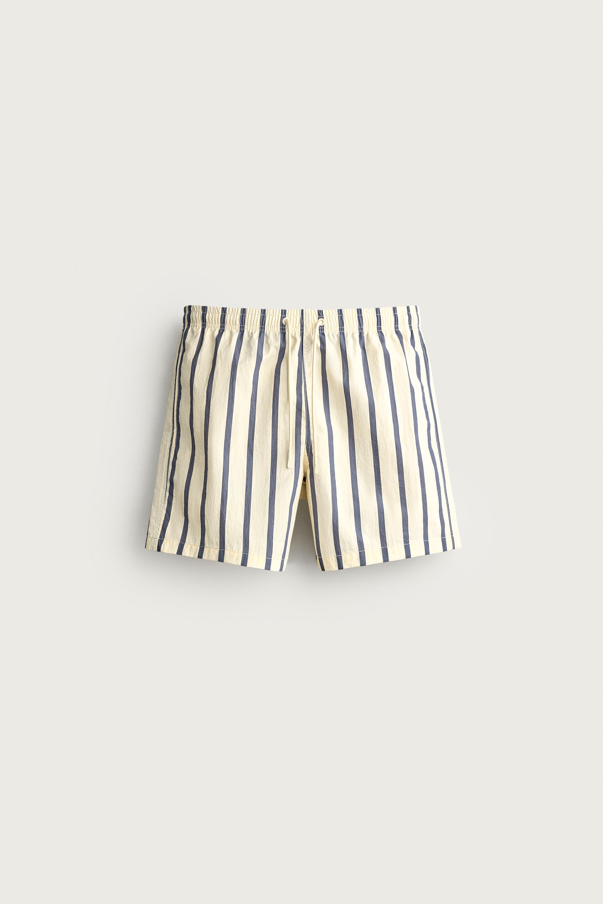 STRIPED MID-LENGTH SWIM SHORTS — Ecru / Blue