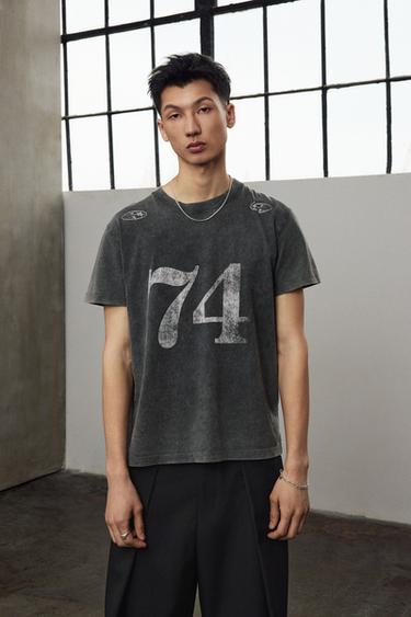 Zara 撞色印花水洗 T 恤 - 灰色