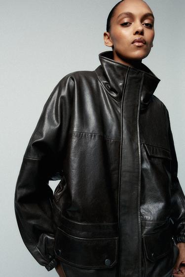100% LEATHER JACKET ZW COLLECTION - Dark brown by Zara